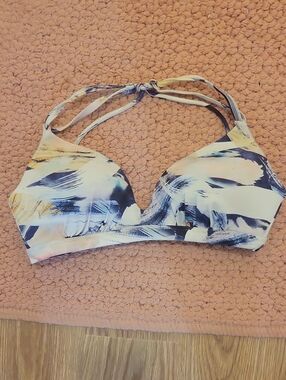 Athleta Abstract Print Padded Bikini Top in White, Navy & Peach
